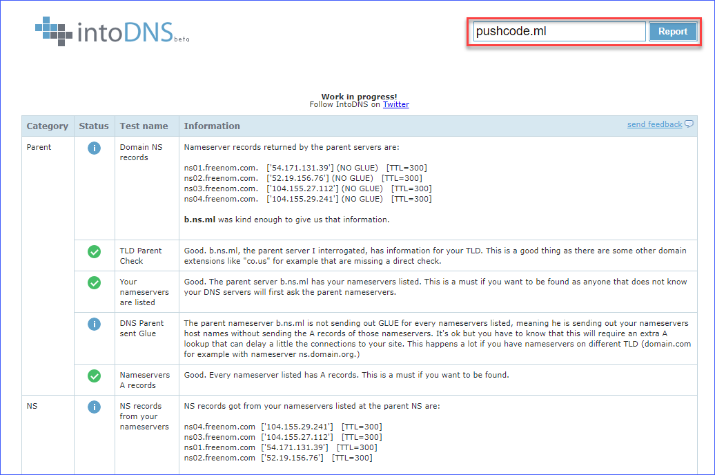 Testing the Freenom Domain