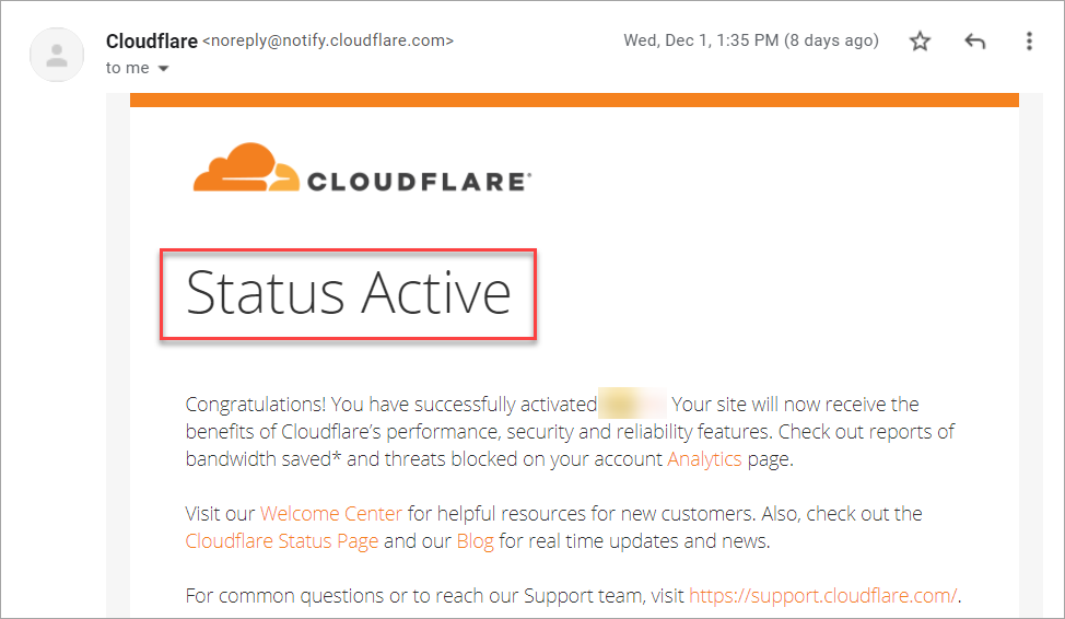 Site activation confirmation email